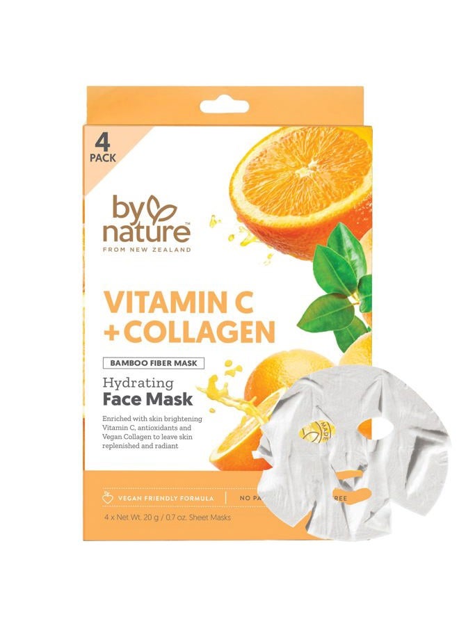 By Nature 4 حزمة من أقنعة الوجه المرطبة بفيتامين C والكولاجين - قناع وجه فاخر للعناية بالبشرة يترك البشرة متجددة ومشرقة - أقنعة ورقية مرطبة وغنية بالعناصر الغذائية للوجه تعزز المرونة والثبات. - Image 1